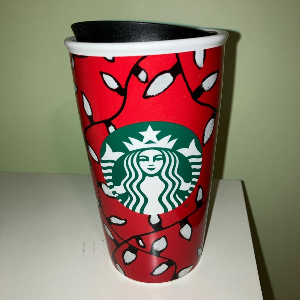 Starbucks holiday lights travel mug glass cup 2016 red 12 oz ceramic coffee Xmas